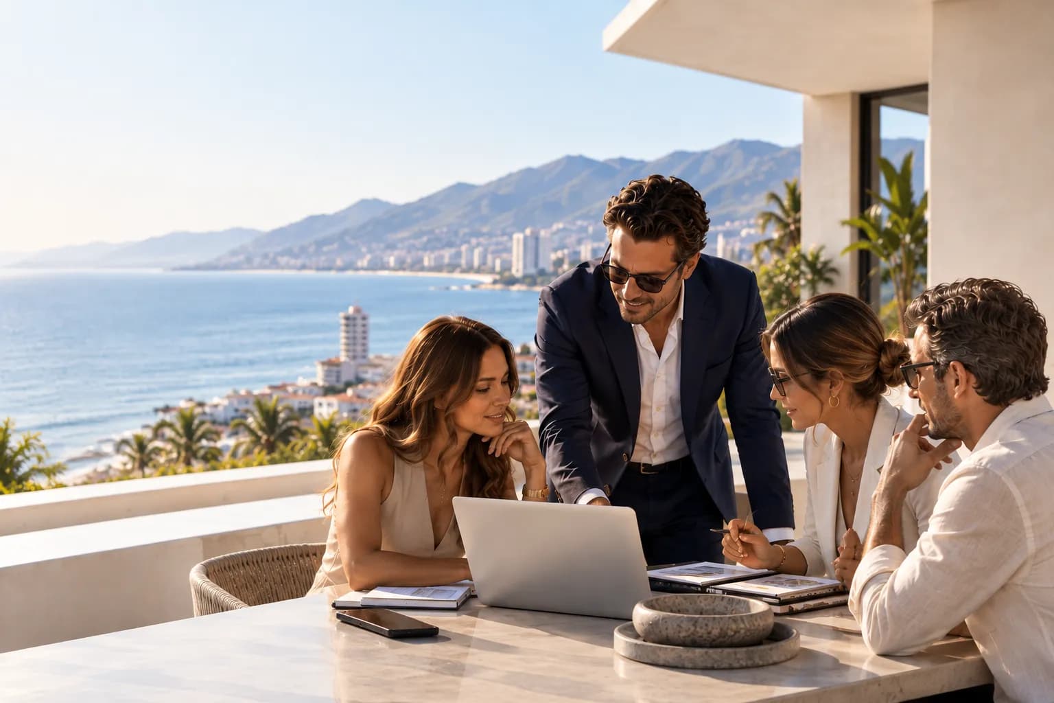 Agentes de Ancuria en una terraza con el mar y el skyline de Puerto Vallarta al fondo